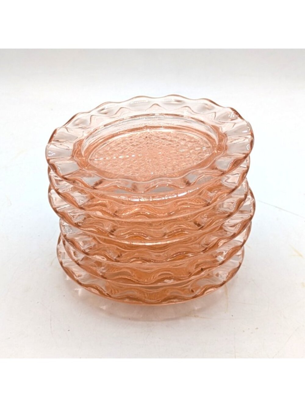 Vintage Jeannette Glass Homespun Ashtray Coaster Set of 6 Pink Depression Glass